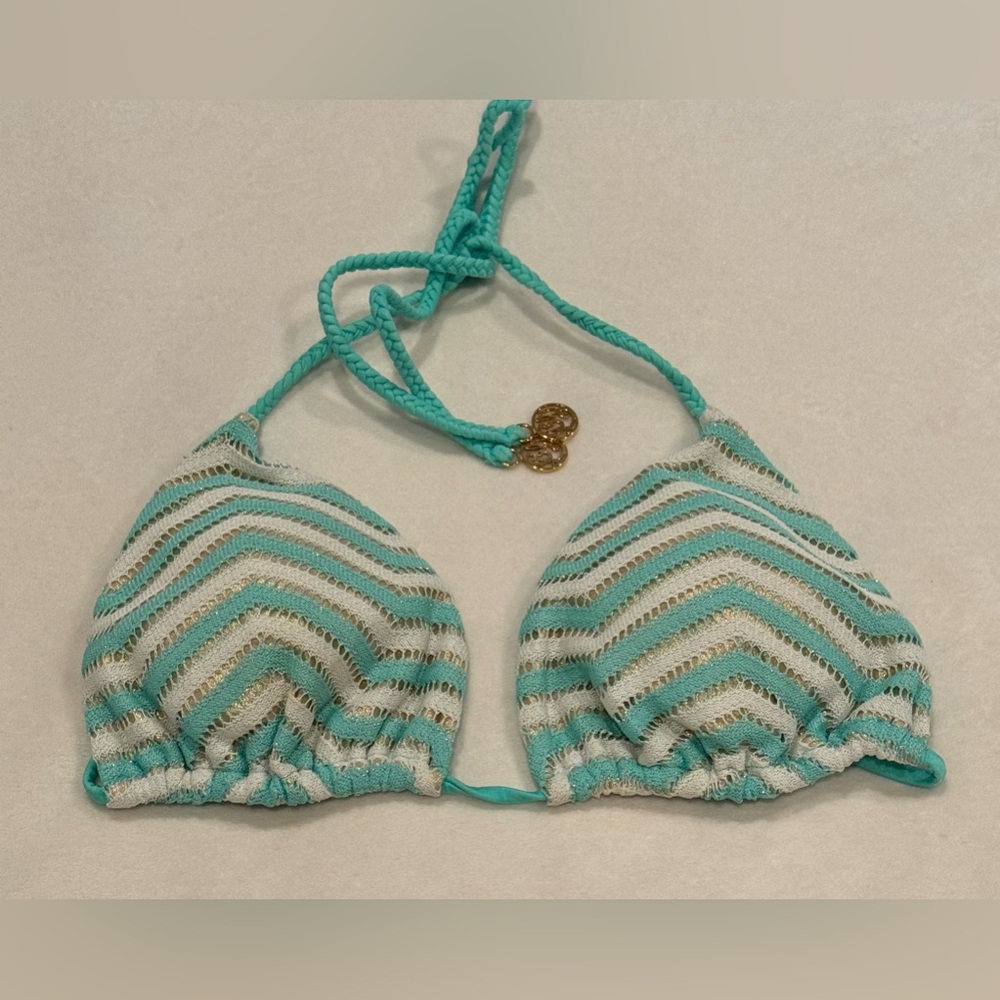 Luli Fama El Malecon Crochet Gold Metallic Triangle Bikini Top L⁠